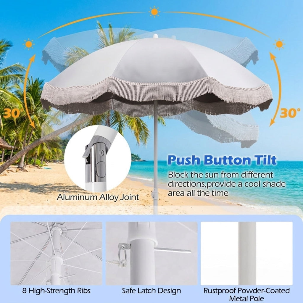 Biotree 6 ft Beach Tassel Fringe Patio Umbrella Crank Tilt Outdoor Shade - White - UV Protection with Cross Base