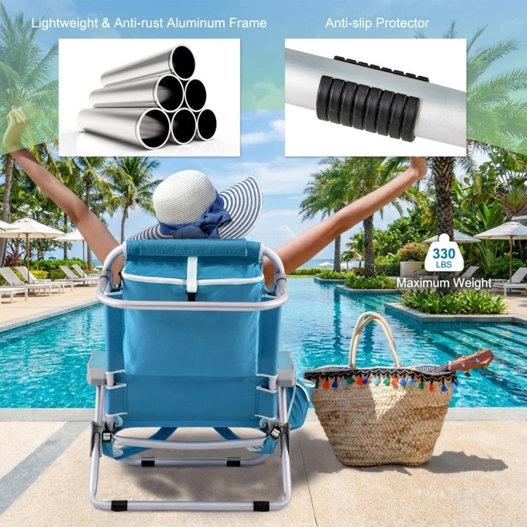 Biotree 1 Piece Foldable Backpack Beach Chair with Cup Holder and Storage Pockets for Outdoor Stackable Patio Chair for Garden BackyardBlue