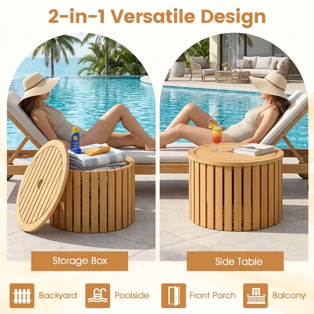 Biotree 2-in-1 Outdoor Side Table with Storage Acacia Wood Slatted Coffee Table Round Slatted End Storage Box with 2.3" Umbrella Hole, Natural