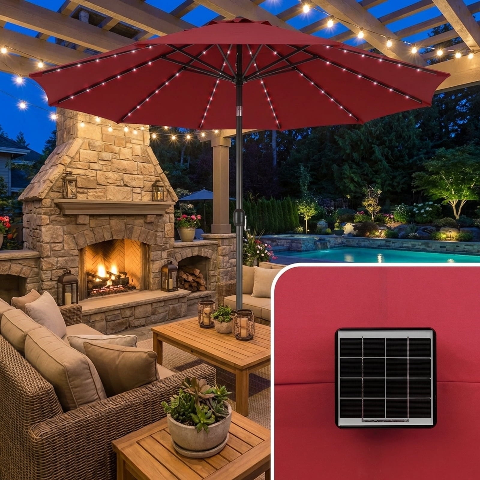 Biotree 15 Feet Double-Sided Patio Umbrella with 48 LED Lights-Dark Red Outdoor Backyard Deck Garden