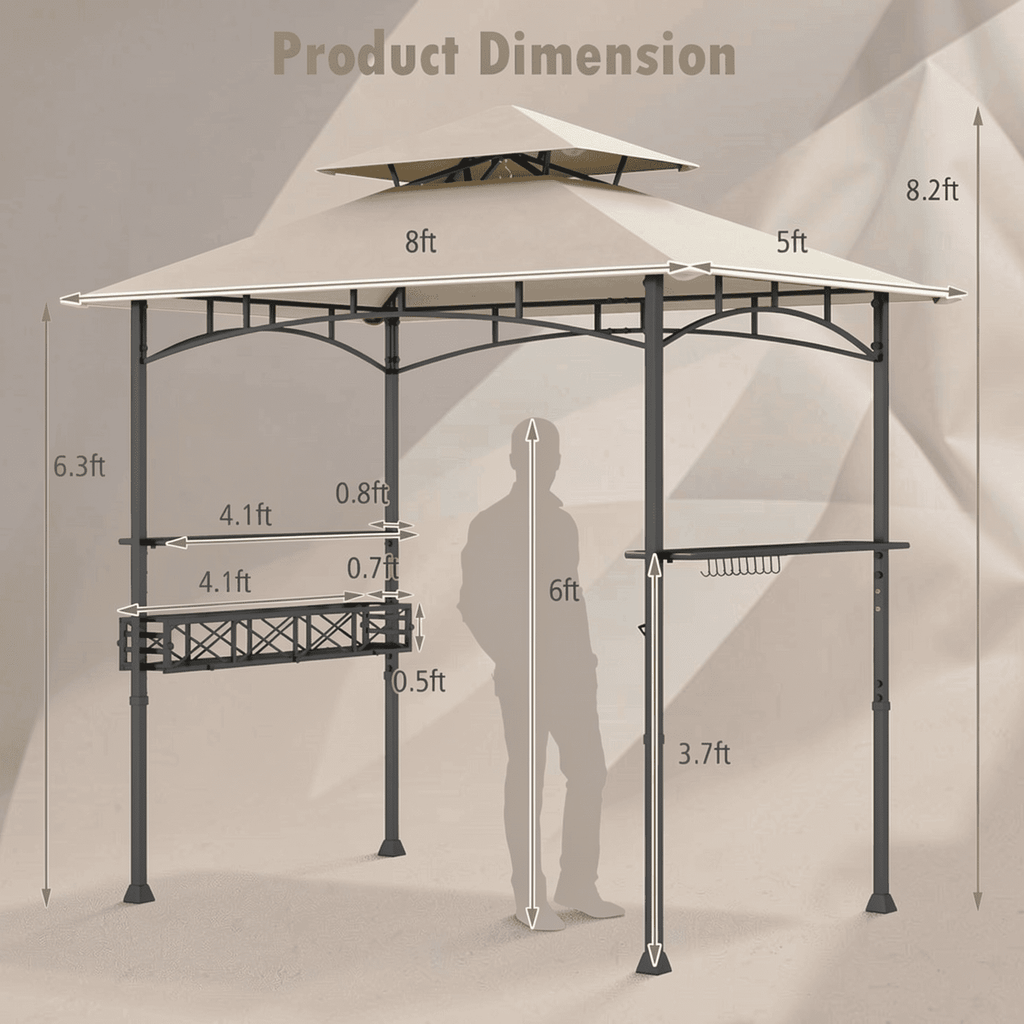 Biotree 8 x 5 Feet Outdoor Grill Gazebo with 2 Side Shelves and 10 Hooks Beige - Outdoor Patio Backyard Garden Shade Canopy Shelter