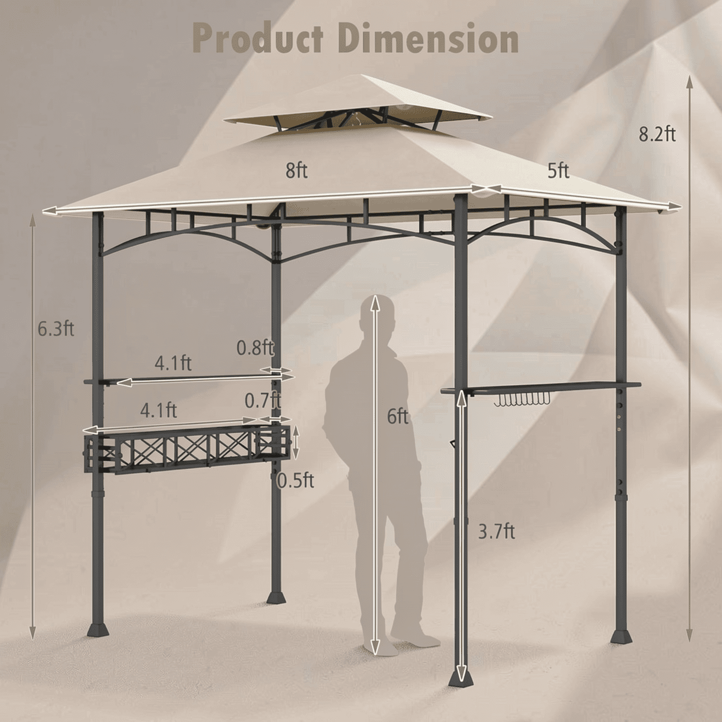 Biotree 8 x 5 Feet Outdoor Grill Gazebo with 2 Side Shelves and 10 Hooks Beige - Outdoor Patio Backyard Garden Shade Canopy Shelter