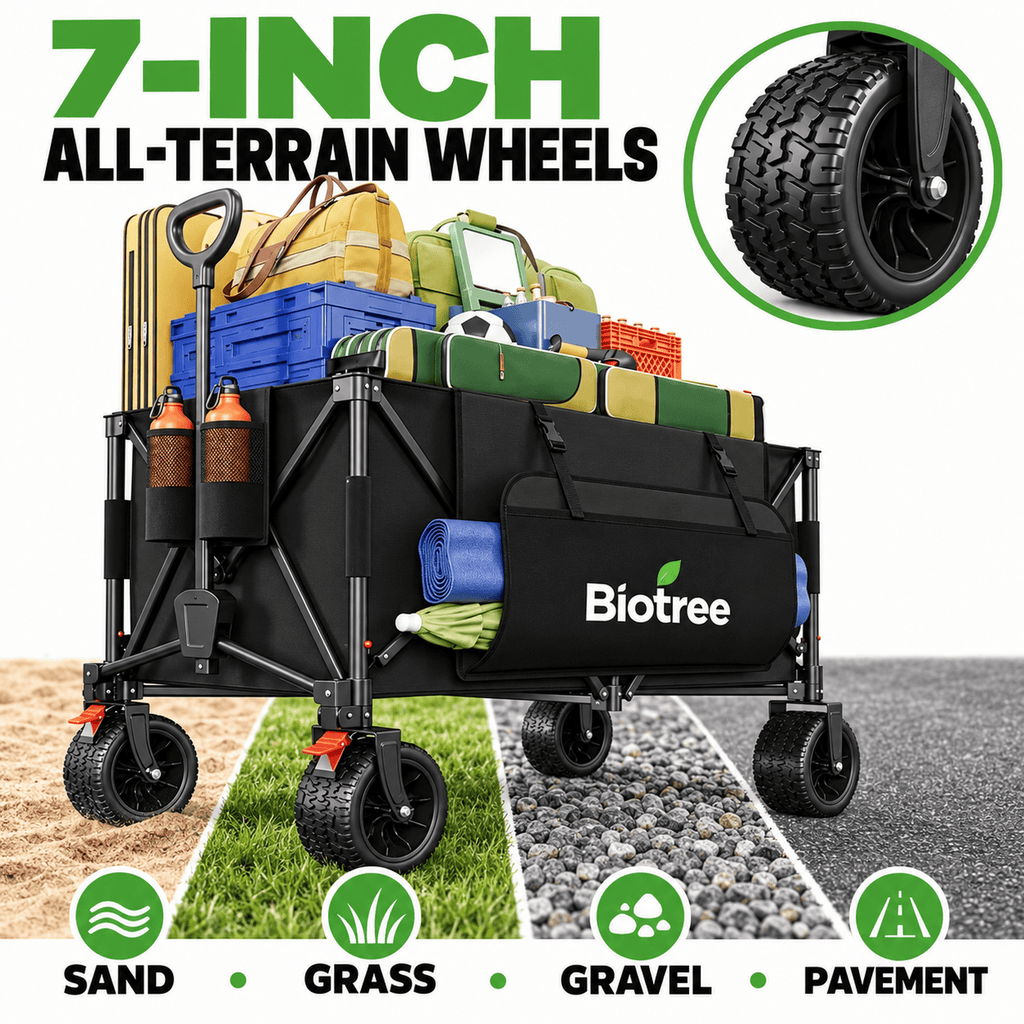 Biotree Collapsible Wagon Cart with Brakes, 600 lbs Heavy-Duty Folding Beach Wagon, 300L Large Capacity Garden Cart with All-Terrain Utility Cart for Camping Sports Shopping, Black