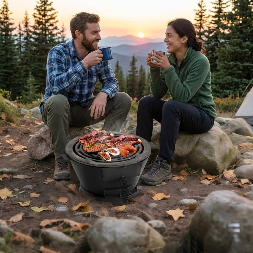 Biotree Round Hibachi Grill Outdoor Portable Charcoal Stove with 12 Inch Double-Sided Grate for Outdoor Backyard Camping Patio BBQ, Black