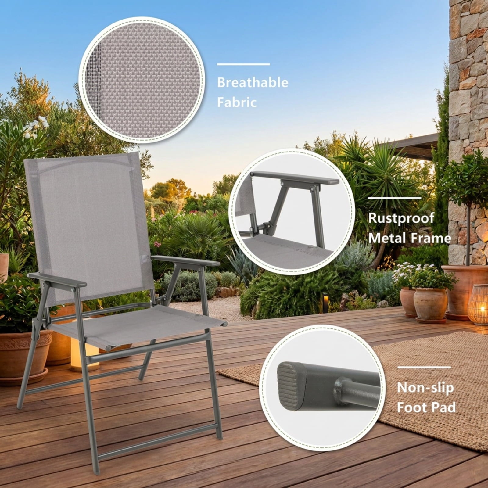 Biotree Set of 4 Patio Folding Chair Set with Rustproof Metal Frame Stackable Patio Chair for Garden BackyardGray