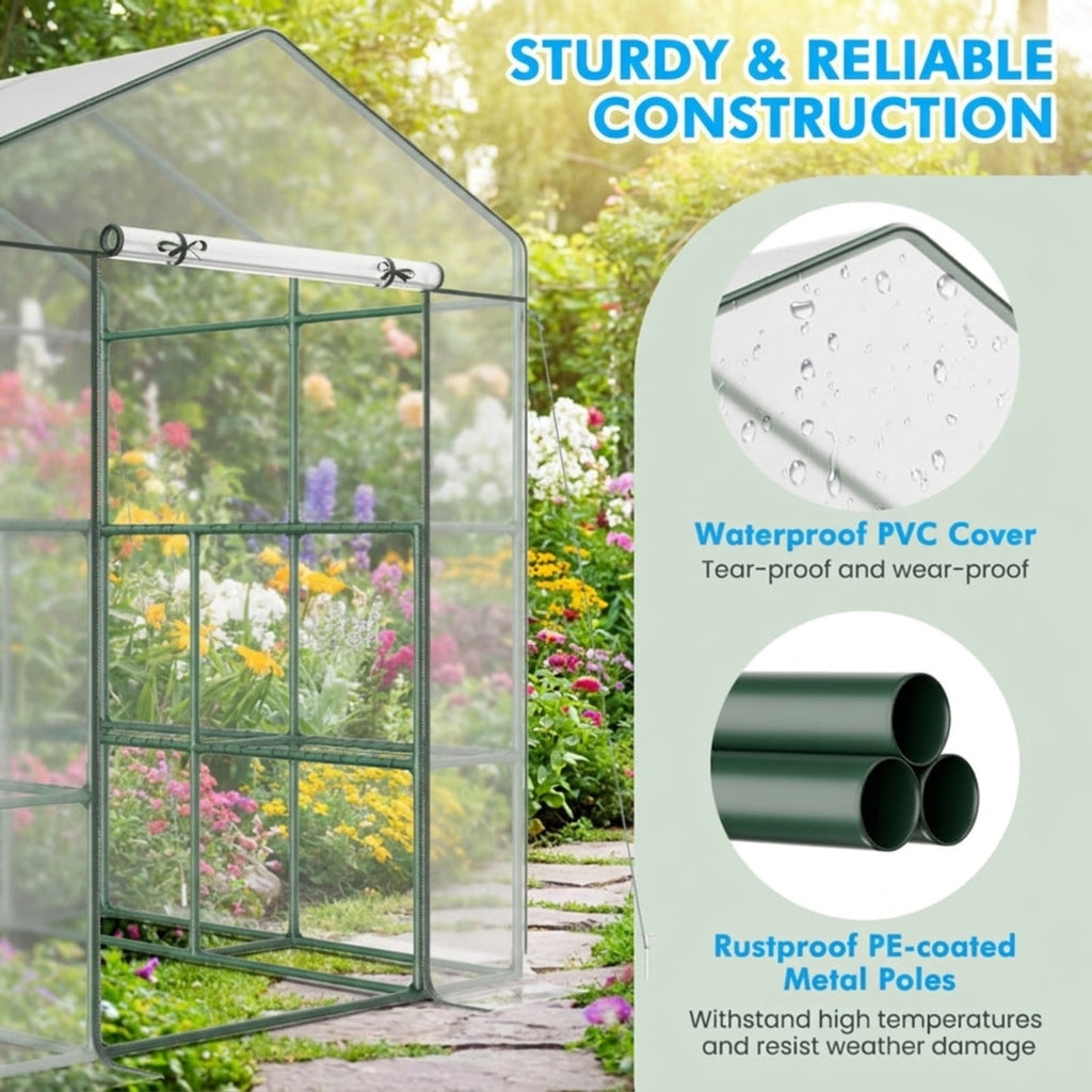 Biotree Walk-in Greenhouse with 3 Tiers 8 Shelves PVC Cover Roll for Outdoor Garden Backyard Patio Vegetables Flowers, Transparent