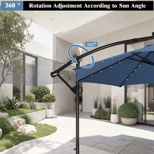 Biotree 10 ft 360¡ã Rotation Solar Powered LED Patio Offset Umbrella-Blue Outdoor Backyard Hanging Deck