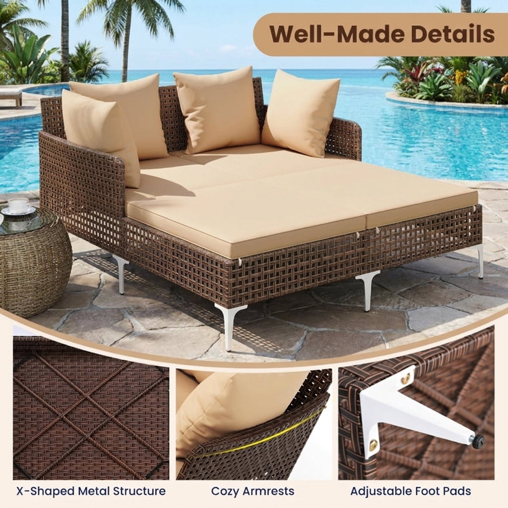 Biotree Outdoor Rattan Double Daybed Wicker Chaise Lounge Stackable Patio Chair for Garden BackyardBrown