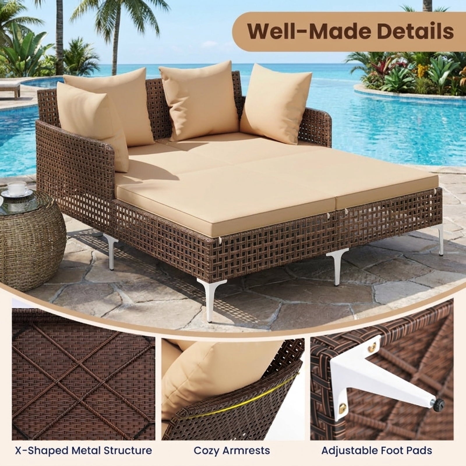 Biotree Outdoor Rattan Double Daybed Wicker Chaise Lounge Stackable Patio Chair for Garden BackyardBrown