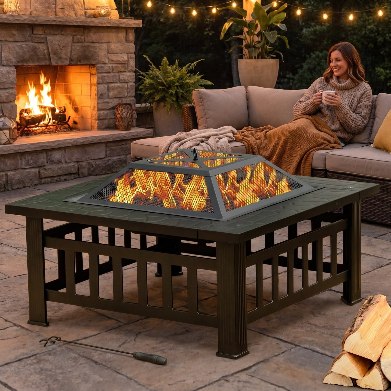 Biotree 32 Inch 3 in 1 Outdoor Square Fire Pit Table with BBQ Grill and Rain Cover for Camping for Outdoor Patio Backyard Garden Camping, Black