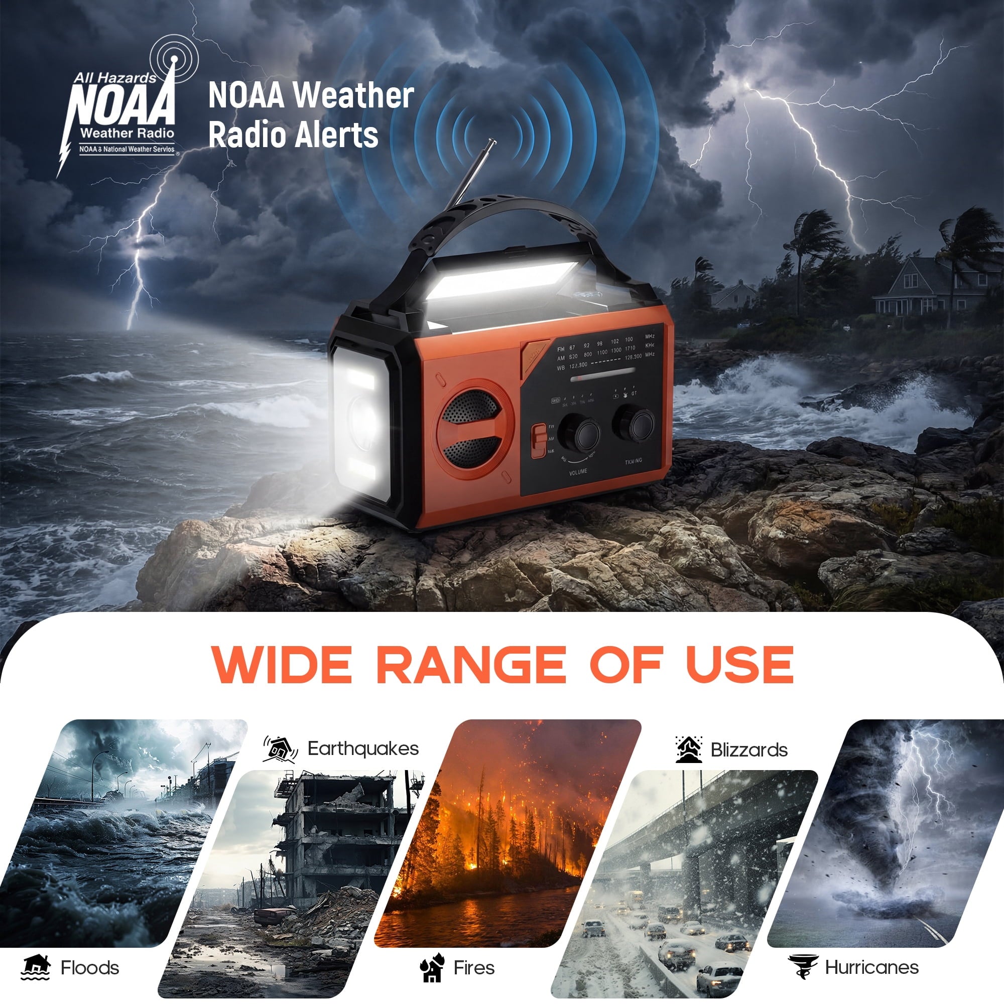 Biotree 30000mAh Weather Radio with NOAA 7-Band Alerts, Upgraded Emergency Radio with USB/Solar/Hand Crank Charging, Flashlight, SOS Alarm, Compass for Camping Hurricane Preparedness,Orange
