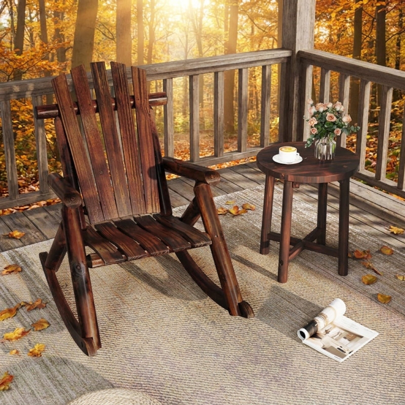 Biotree Outdoor Adirondack Rocking Chair for Adults Solid Wood Porch Rocker Stackable Patio Chair for Garden BackyardBrown