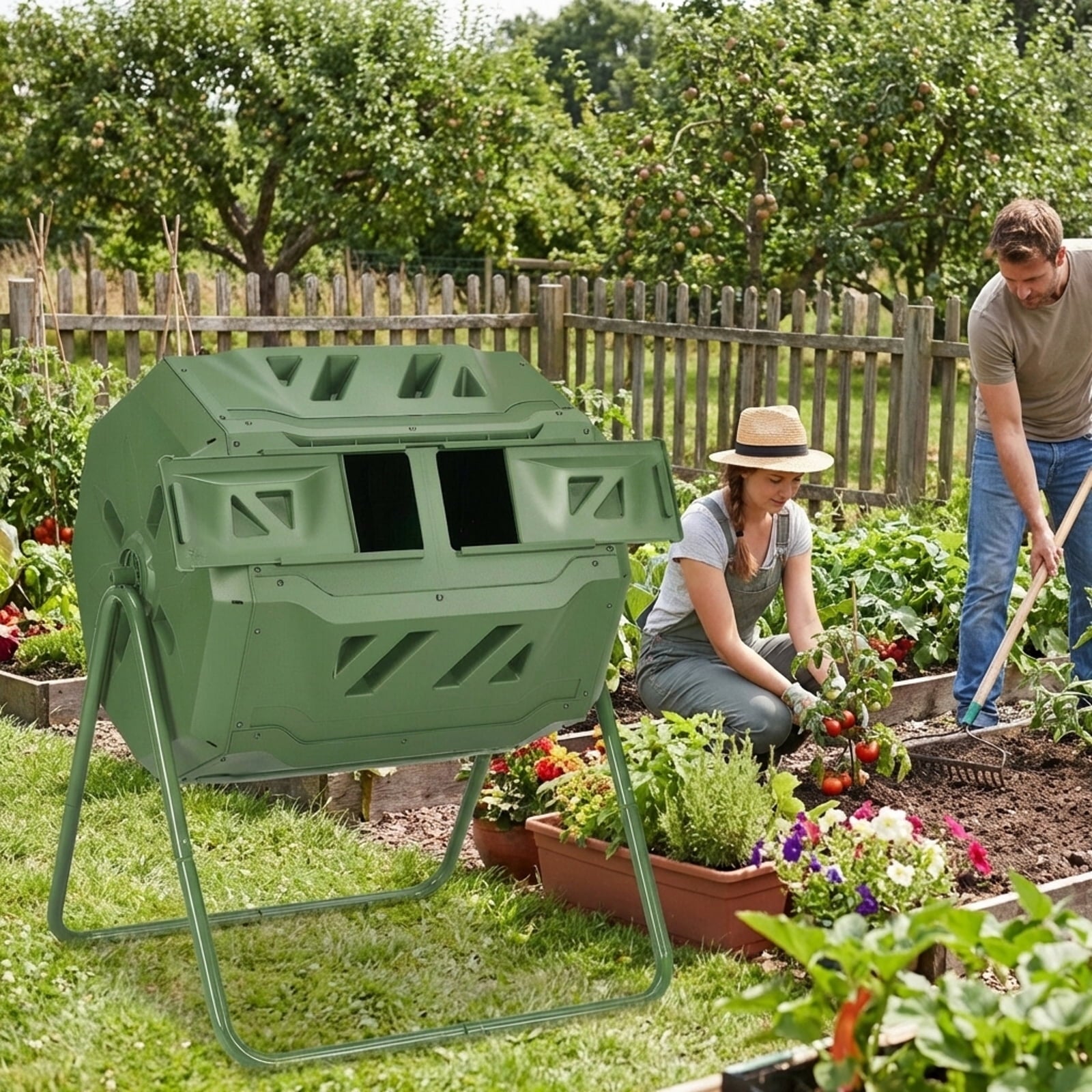 Biotree 43 Gallon Composting Tumbler Compost Bin with Dual Rotating Chamber Outdoor Garden Organic Yard