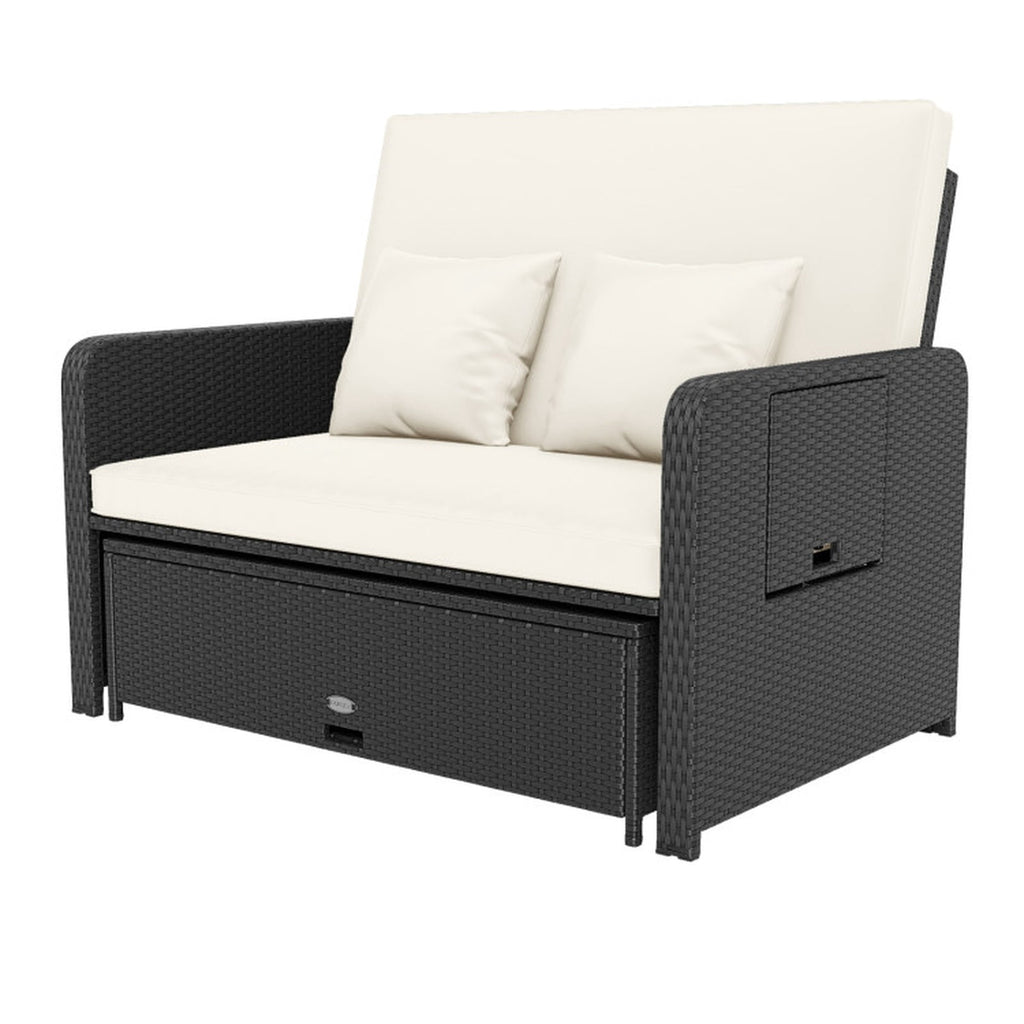 Biotree PE Wicker Outdoor Daybed with 4-Level Adjustable Backrest and Storage Ottoman Outdoor Conversation Set for Garden Backyard PorchWhite