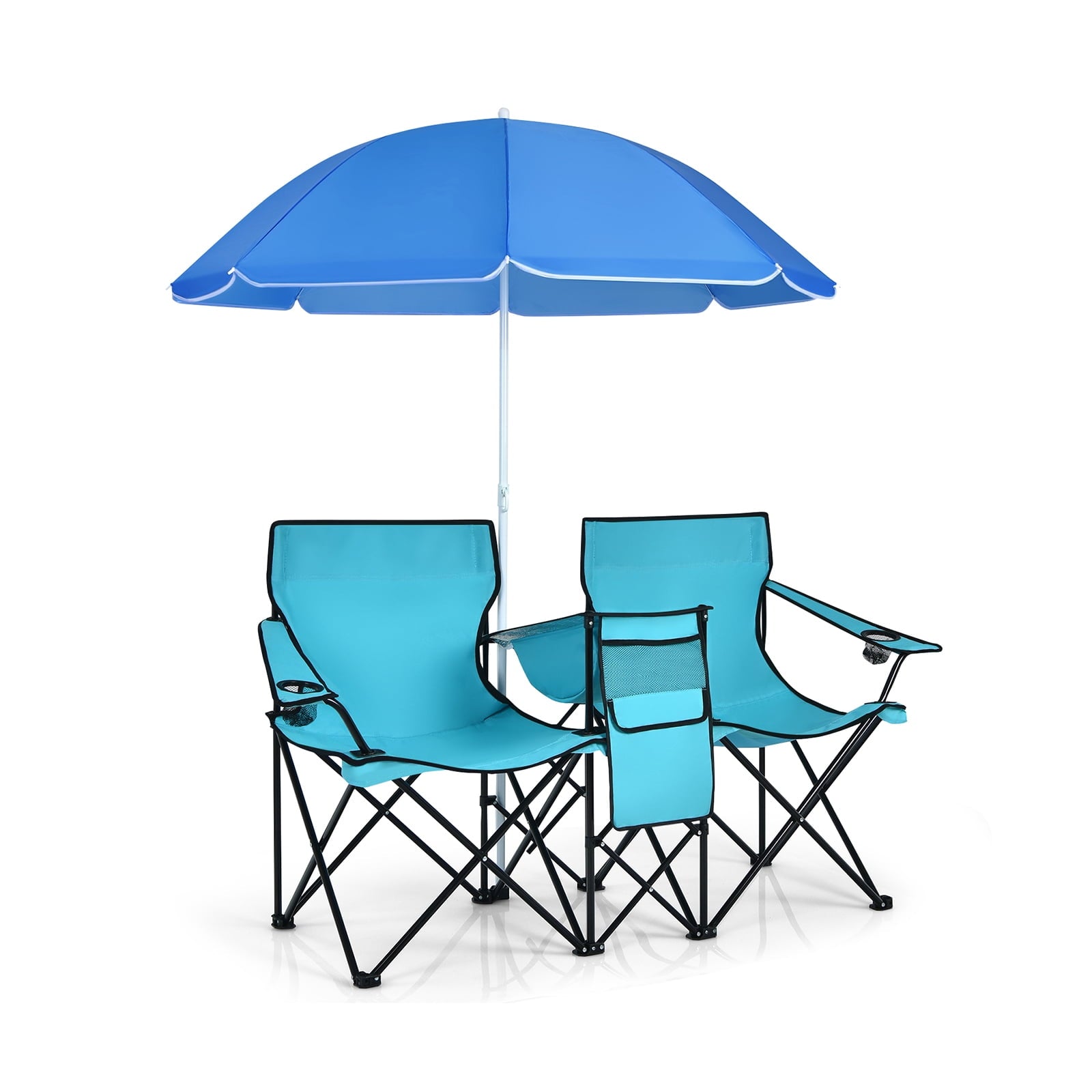 Biotree Double Camping Chair with Removable Umbrella Portable Folding Loveseat with Cooler Bag and Cup Holders for Beach Picnic, Turquoise
