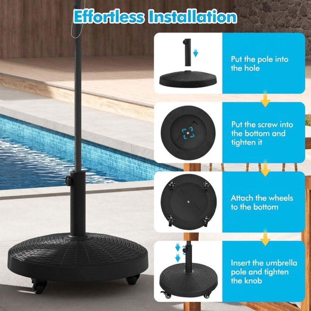 Biotree 50 LBS Patio Wicker Style Resin Umbrella Base Stand Heavy Duty with Wheels Black - Heavy Duty Outdoor Patio Stand