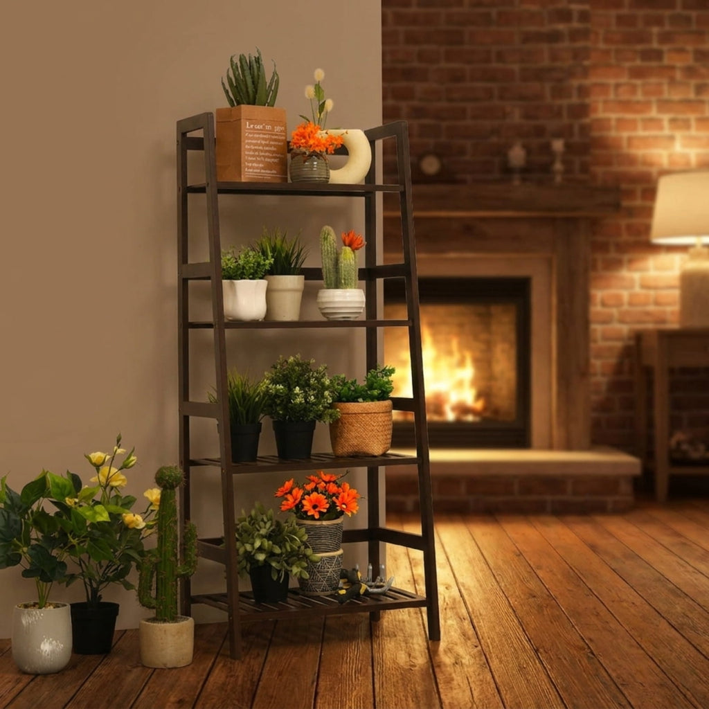 Biotree 4-Tier Bamboo Plant Rack with Guardrails Stable and Space-Saving for Indoor Outdoor Patio Balcony Garden, Brown