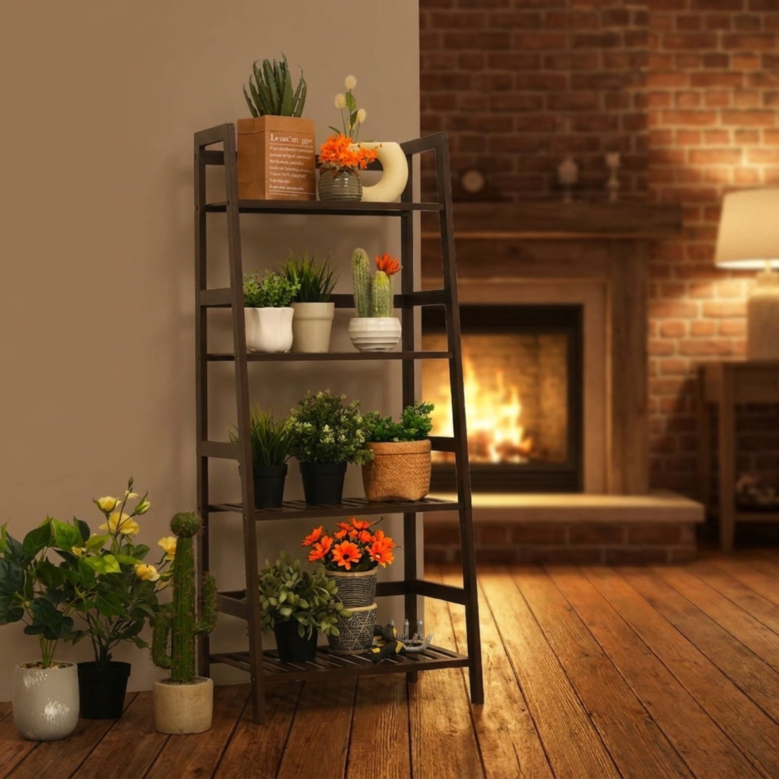 Biotree 4-Tier Bamboo Plant Rack with Guardrails Stable and Space-Saving for Indoor Outdoor Patio Balcony Garden, Brown