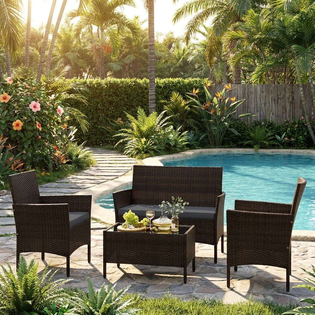 Biotree 4 Piece Patio Rattan Conversation Set with Cozy Seat Cushions Outdoor Conversation Set for Garden Backyard PorchGray