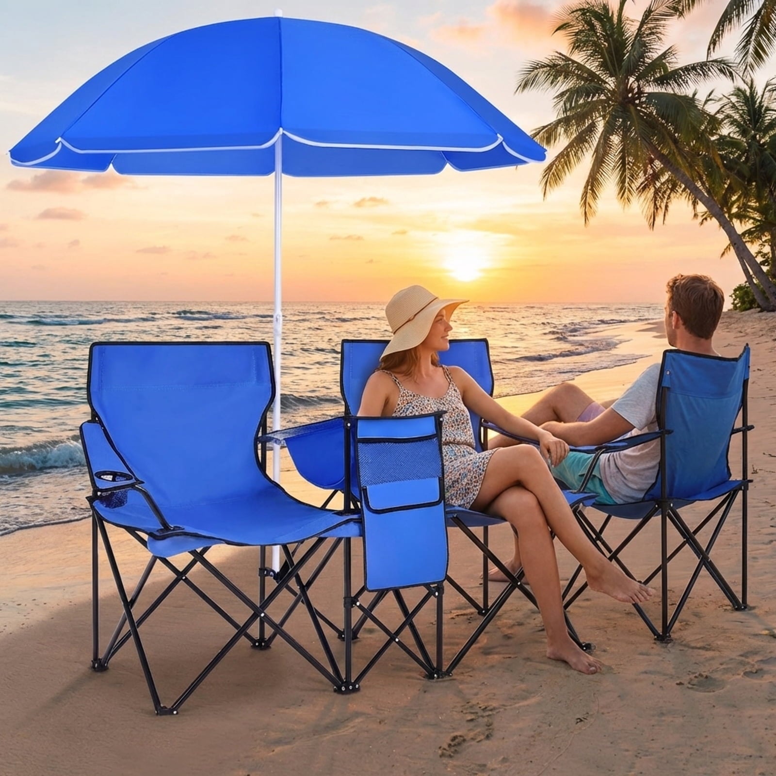 Biotree Double Camping Chair with Removable Umbrella Portable Folding Loveseat with Cooler Bag and Cup Holders for Beach Picnic, Blue
