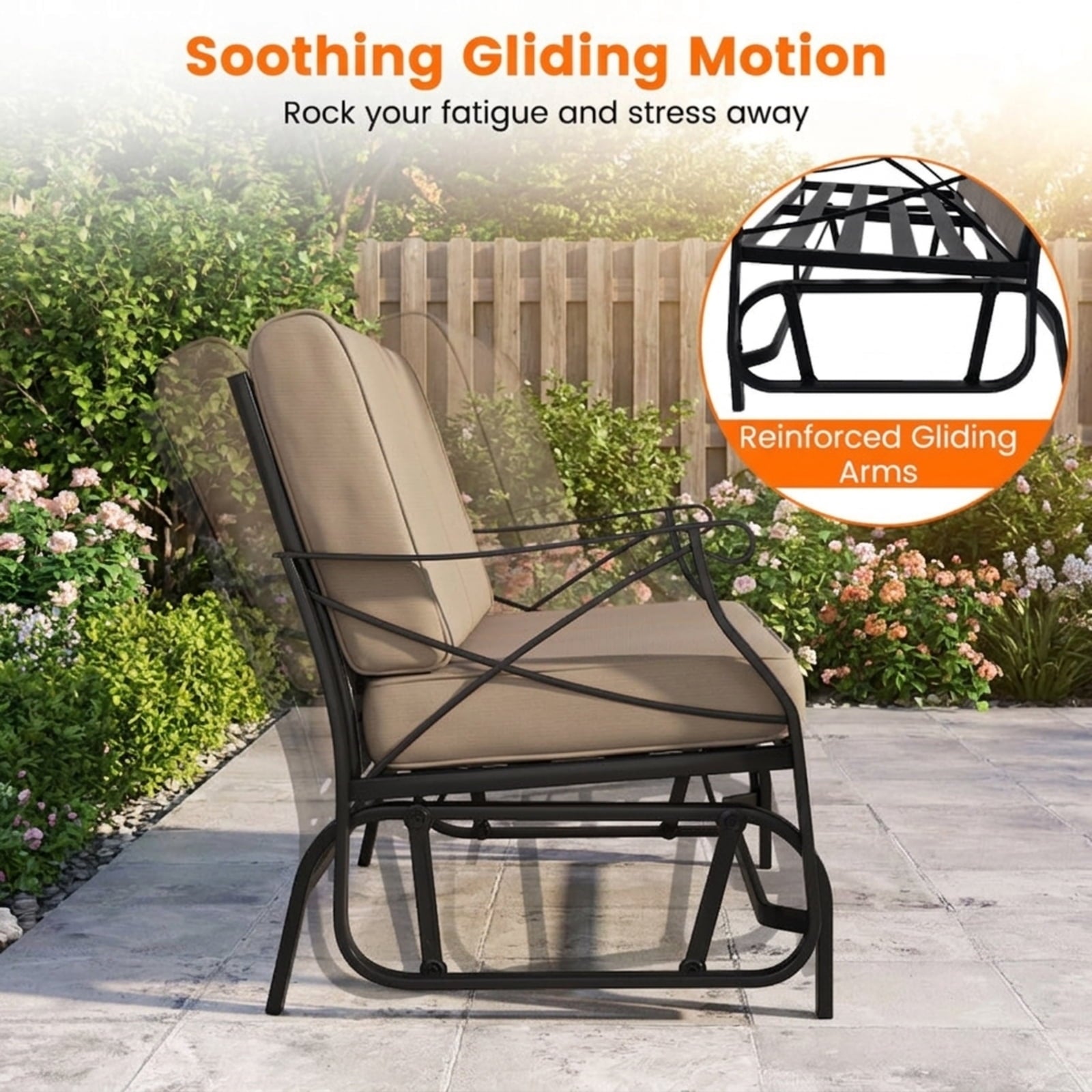 Biotree Outdoor 2-Person Glider Rocking Chair Loveseat with Thick Cushions and Metal Frame Stackable Patio Chair for Garden BackyardBrown