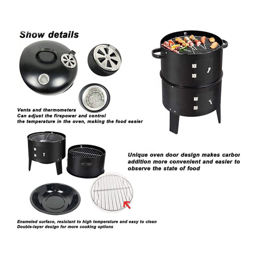 Biotree Outdoor Vertical Charcoal Grill with Lid, Smokeless BBQ Smoker, 360¡ã Even Heating Wood Fired Grill, Charcoal BBQ Cooker for Backyard Patio Camping Cooking Black