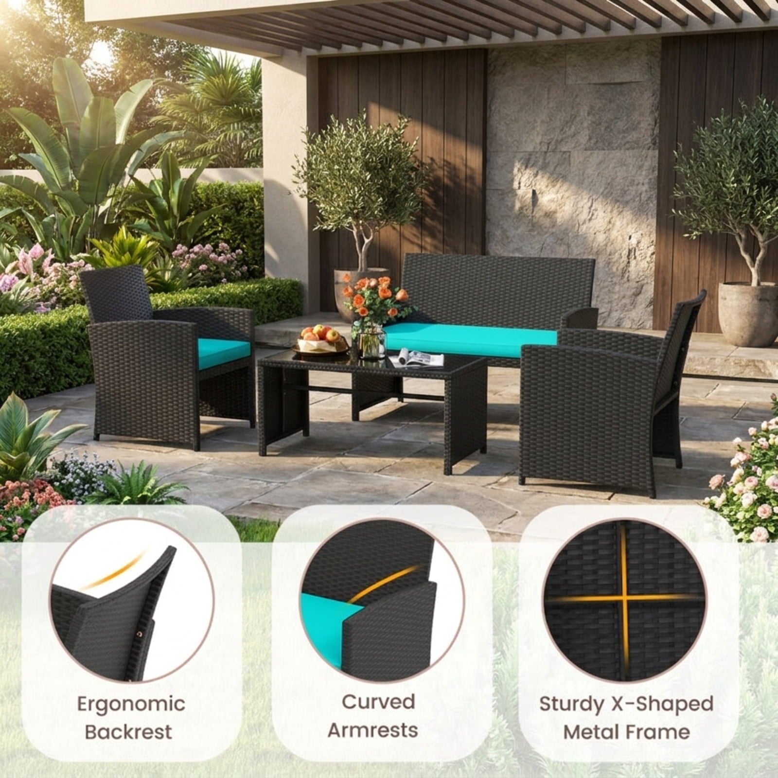 Biotree 4 Pieces Patio Furniture Set with Tempered Glass Tabletop and Removable Cushion Outdoor Conversation Set for Garden Backyard PorchTurquoise