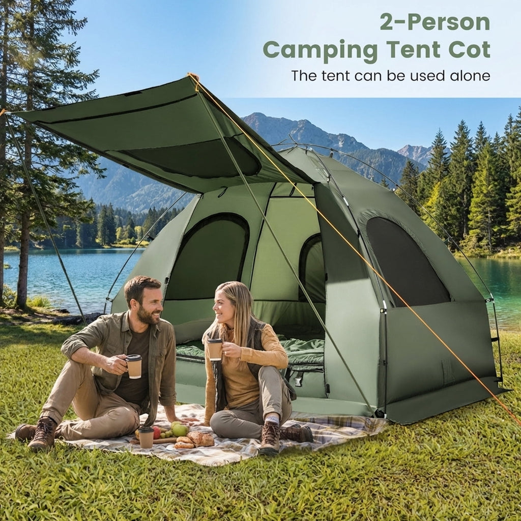 Biotree 2-Person Foldable Off-Ground Camping Cot Tent with Pop Up Shelter and Wheeled Carry Bag