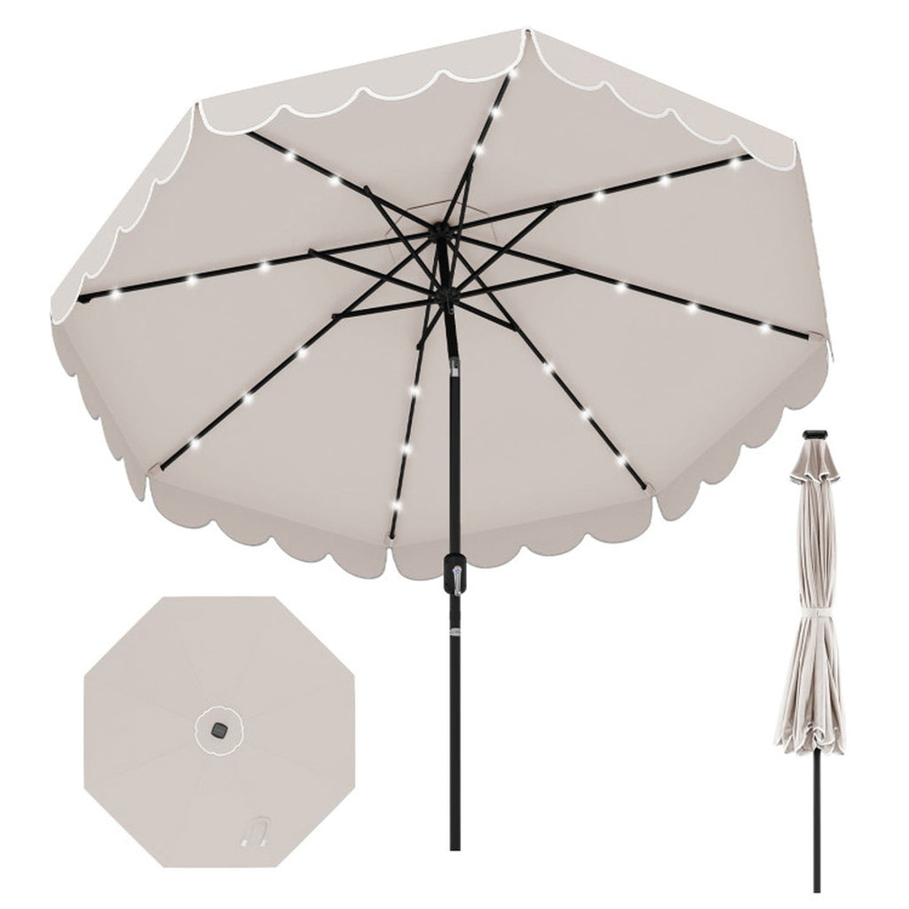 Biotree 9.3 Feet Solar Patio Umbrella with 24 LED Lights Vented Top and Ruffles-Beige Outdoor Backyard
