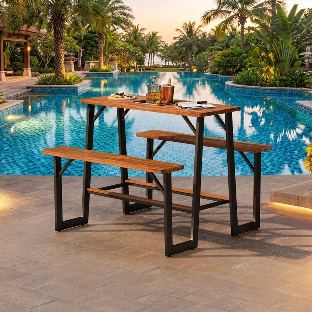 Biotree Patio Picnic Table Bench Set with Acacia Wood Tabletop and Benchtop, Black