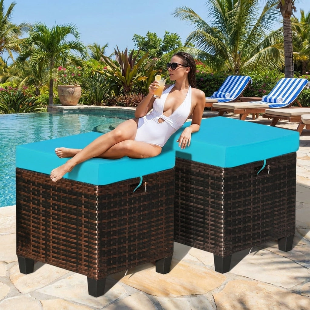 Biotree 2 Pieces Patio Rattan Ottoman Set with Removable Cushions Stackable Patio Chair for Garden BackyardTurquoise