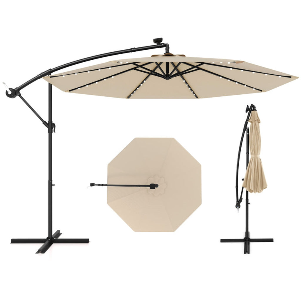 Biotree 10 ft Solar Offset Hanging Umbrella with 40 LED Lights Cross Base and 180G Polyester Canopy for Deck Garden Backyard - Tan