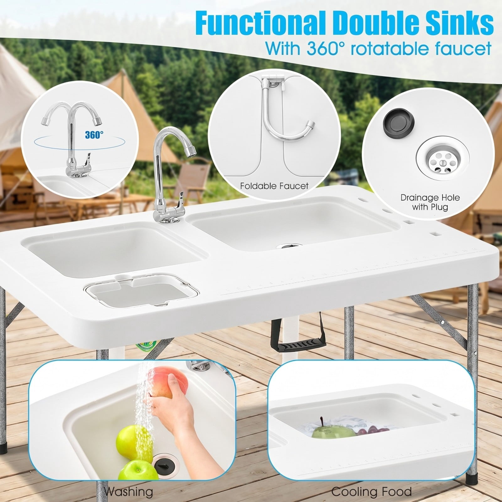 Biotree 2-in-1 Folding Fish Cleaning Table with Sink and Faucet Portable Fish Fillet Station for Outdoor Fishing, White