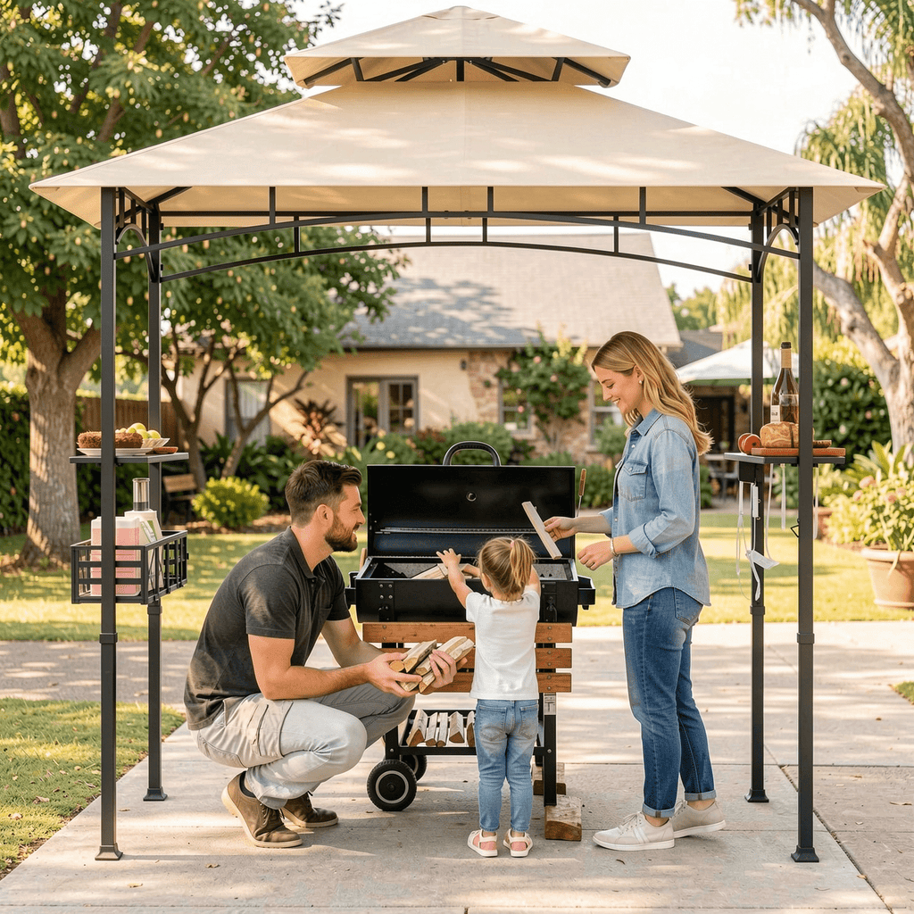 Biotree 8 x 5 Feet Outdoor Grill Gazebo with 2 Side Shelves and 10 Hooks Beige - Outdoor Patio Backyard Garden Shade Canopy Shelter