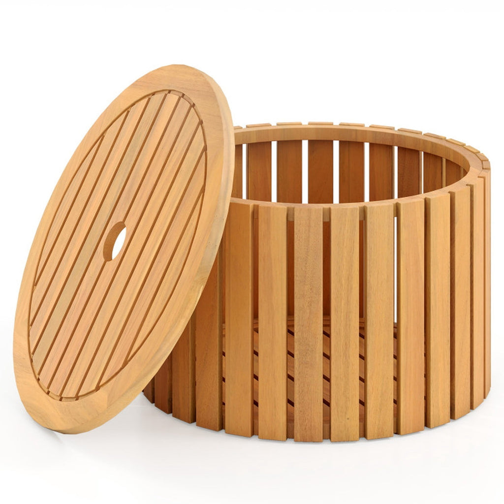 Biotree 2-in-1 Outdoor Side Table with Storage Acacia Wood Slatted Coffee Table Round Slatted End Storage Box with 2.3" Umbrella Hole, Natural