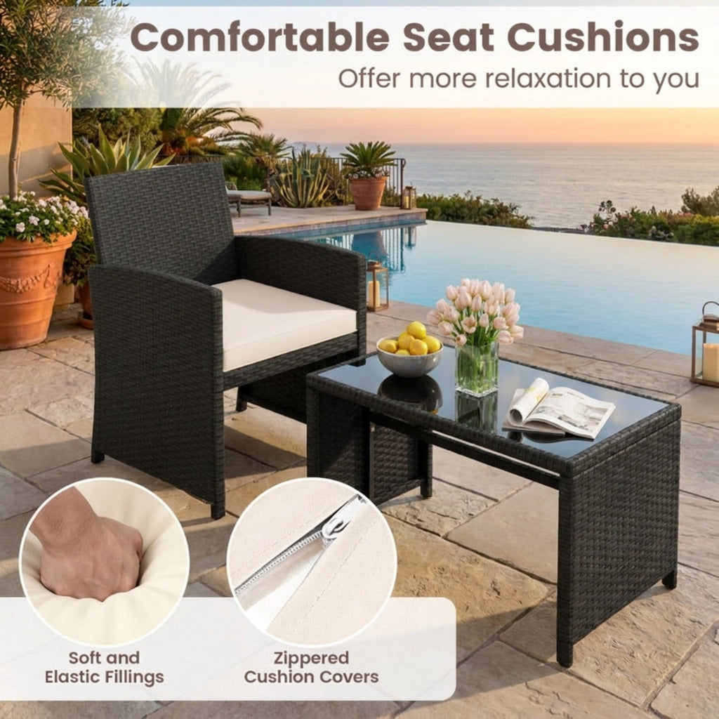 Biotree 4 Pieces Patio Furniture Set with Tempered Glass Tabletop and Removable Cushion Outdoor Conversation Set for Garden Backyard PorchWhite