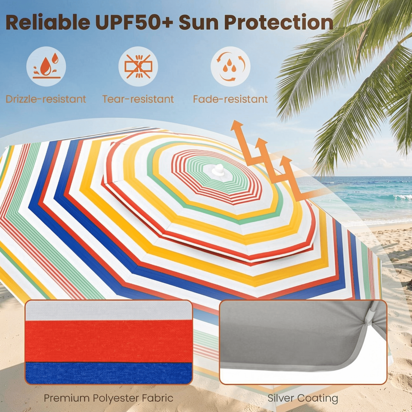 Biotree 6.5 Feet Beach Umbrella with UPF50+ Sun Protection and Push Button Tilt-Colorful - Portable Sun Shade for Beach Pool Backyard