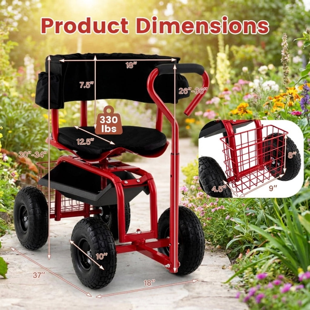 Biotree Cushioned Rolling Garden Cart Scooter with Storage Basket and Tool Pouch for Garden Yard Lawn Work Outdoor, Black