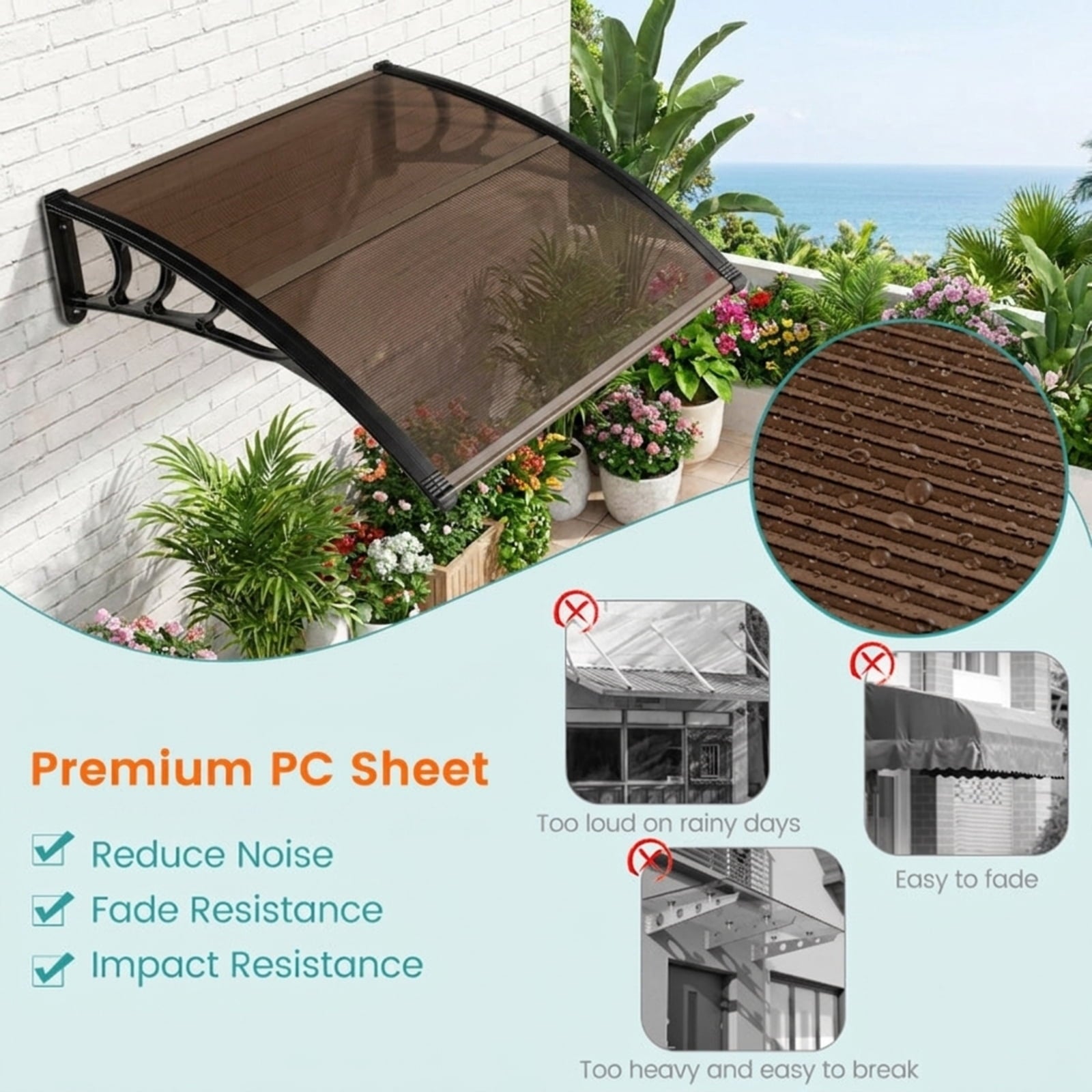 Biotree Outdoor Front Door Patio Overhang Awning for Sunlight Rain Snow Wind Protection-40 x 40 Inch for Patio Deck Door Window Sun Rain Protection, Coffee