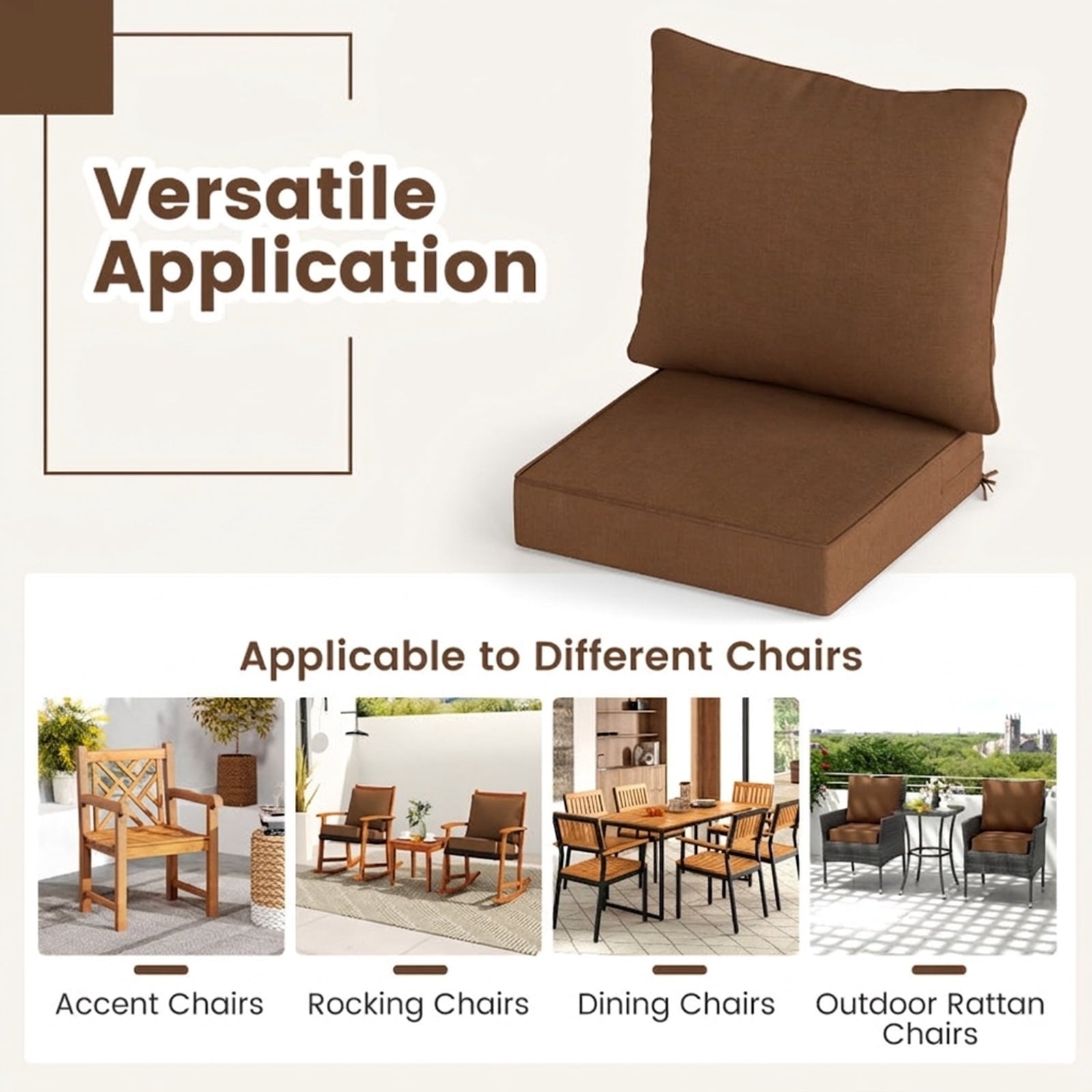 Biotree Deep Seat Chair Cushion Pads Set with Rope Belts for Indoor and Outdoor Comfortable Patio Chair Cushion PadBrown
