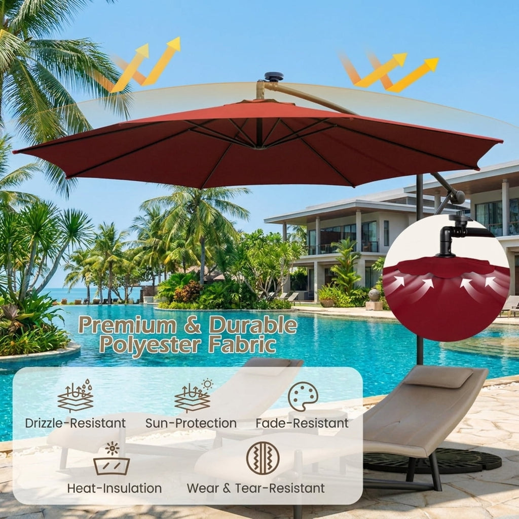 Biotree 10 ft Cantilever Offset Patio Umbrella Solar LED Lights Outdoor Shade - Red - UV Protection with Cross Base