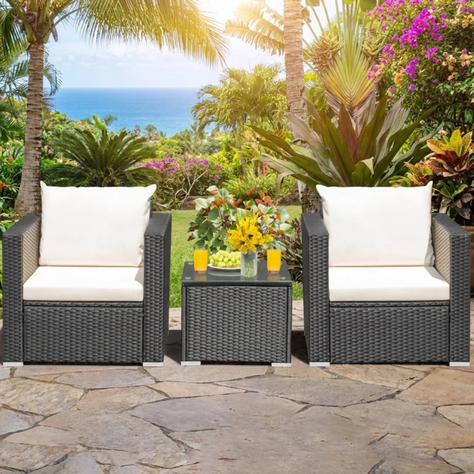 Biotree 3 Pieces Patio Wicker Conversation Set with Cushion Outdoor Conversation Set for Garden Backyard PorchWhite