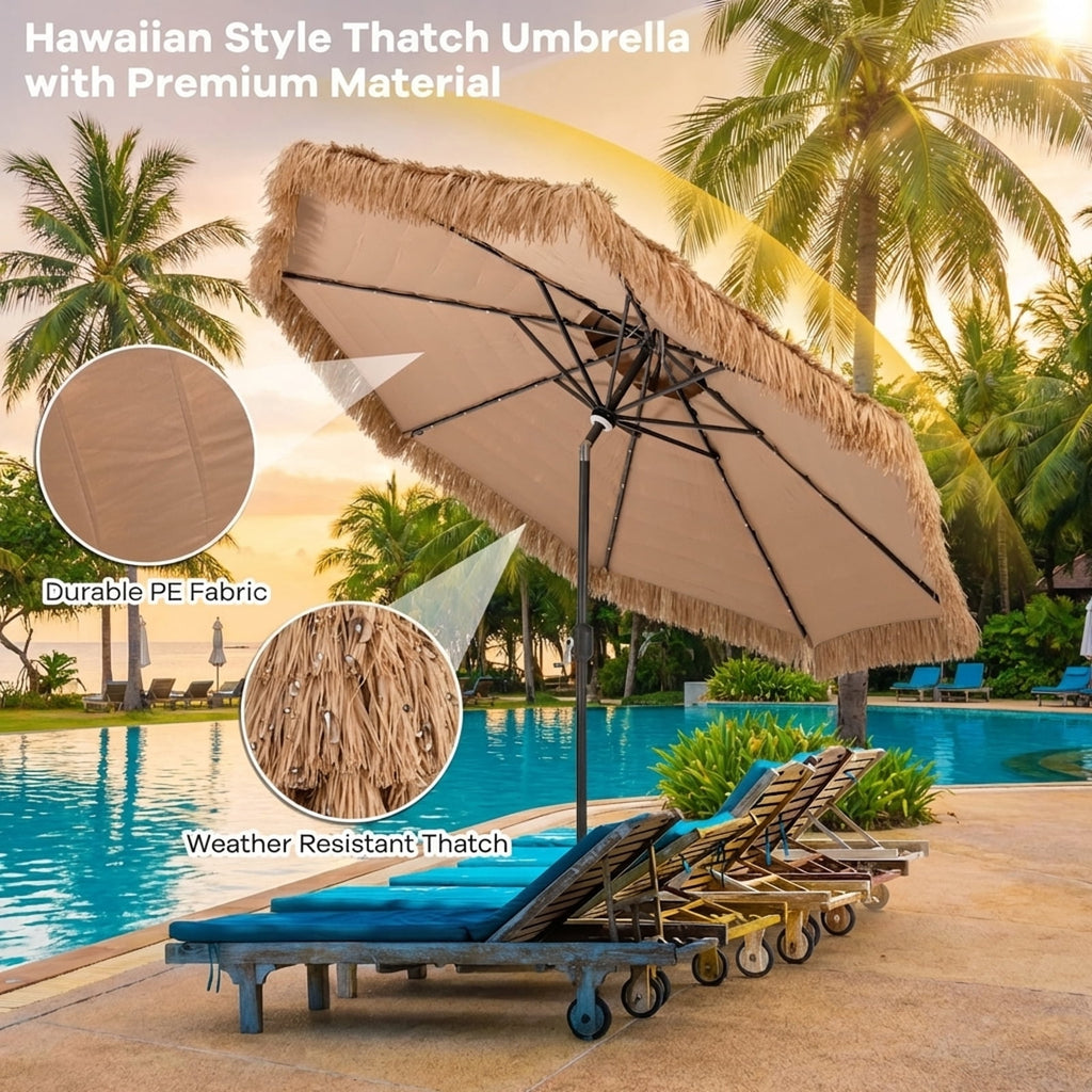Biotree 10 Feet Hawaiian Style Solar Lighted Thatched Tiki Patio Umbrella Outdoor Backyard Deck Garden