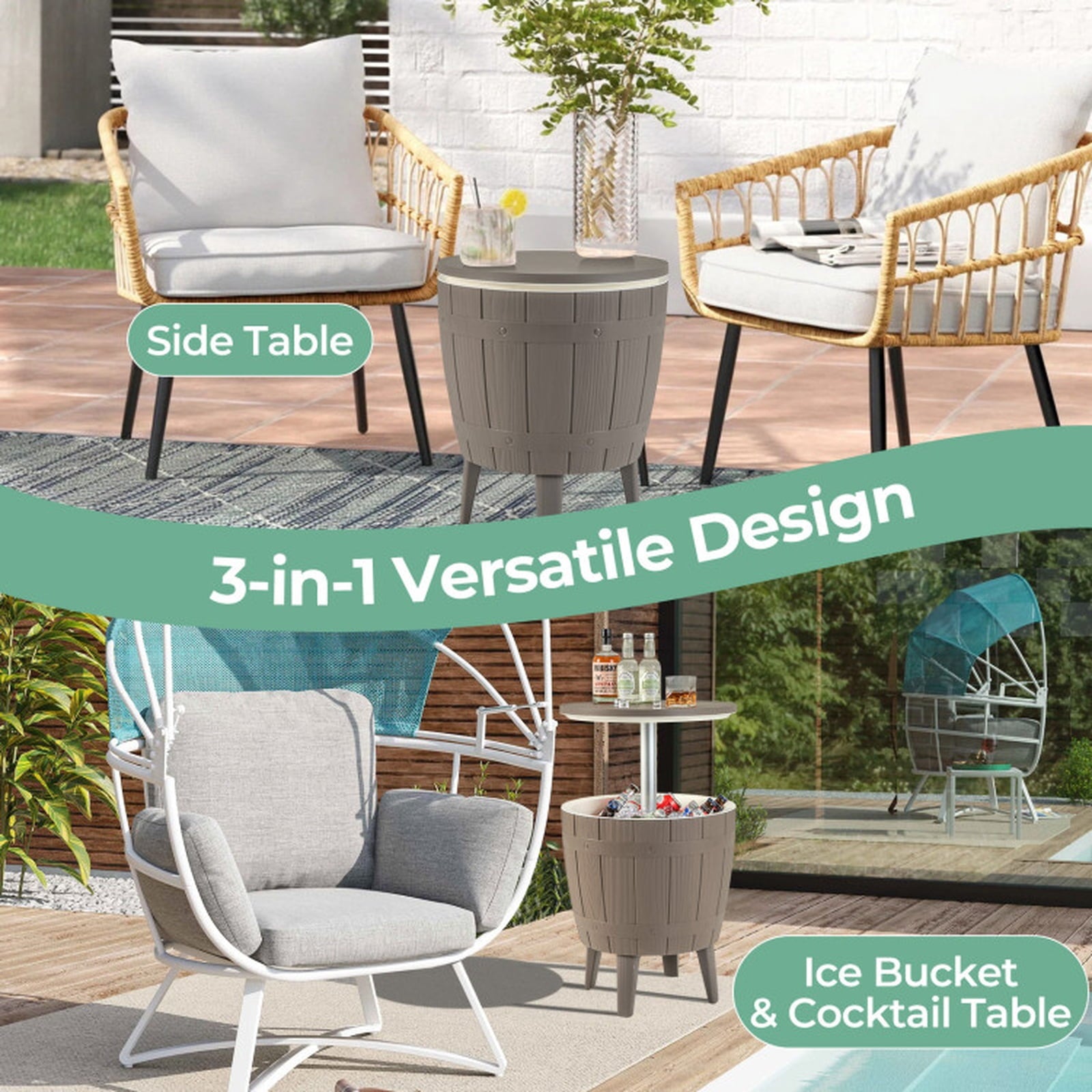 Biotree 10 Gallon Cooler Bar Table Outdoor Coffee Table Ice Bucket with Telescopic Tabletop for Beer and Wine, Brown