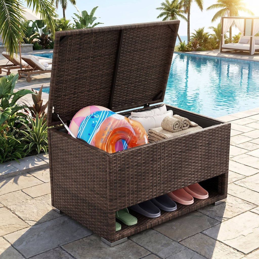 Biotree PE Rattan Storage Bin with Waterproof Liner for Patio Cushions Outdoor Waterproof for Patio Deck Garden Cushions, Brown