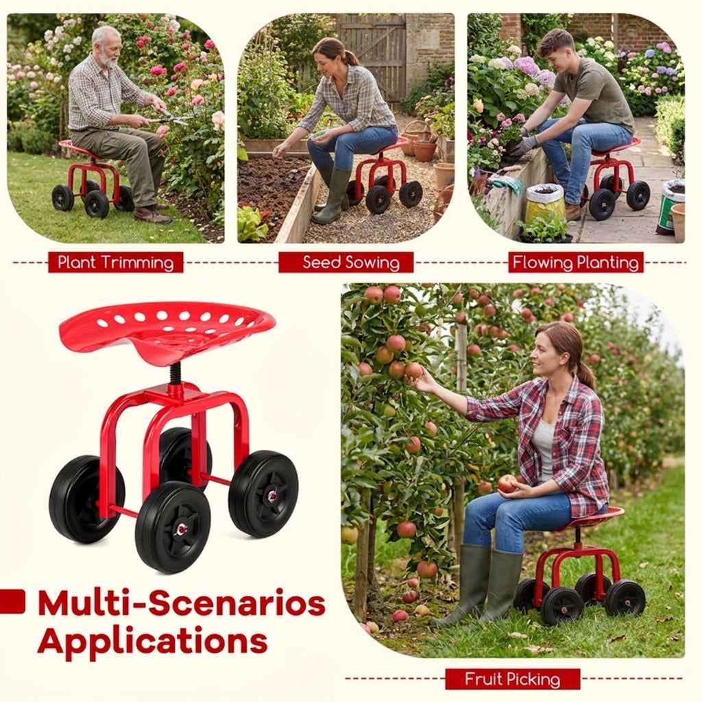 Biotree Garden Rolling Workseat with 360¡ã Swivel Seat and Adjustable Height for Garden Yard Lawn Work Outdoor, Red