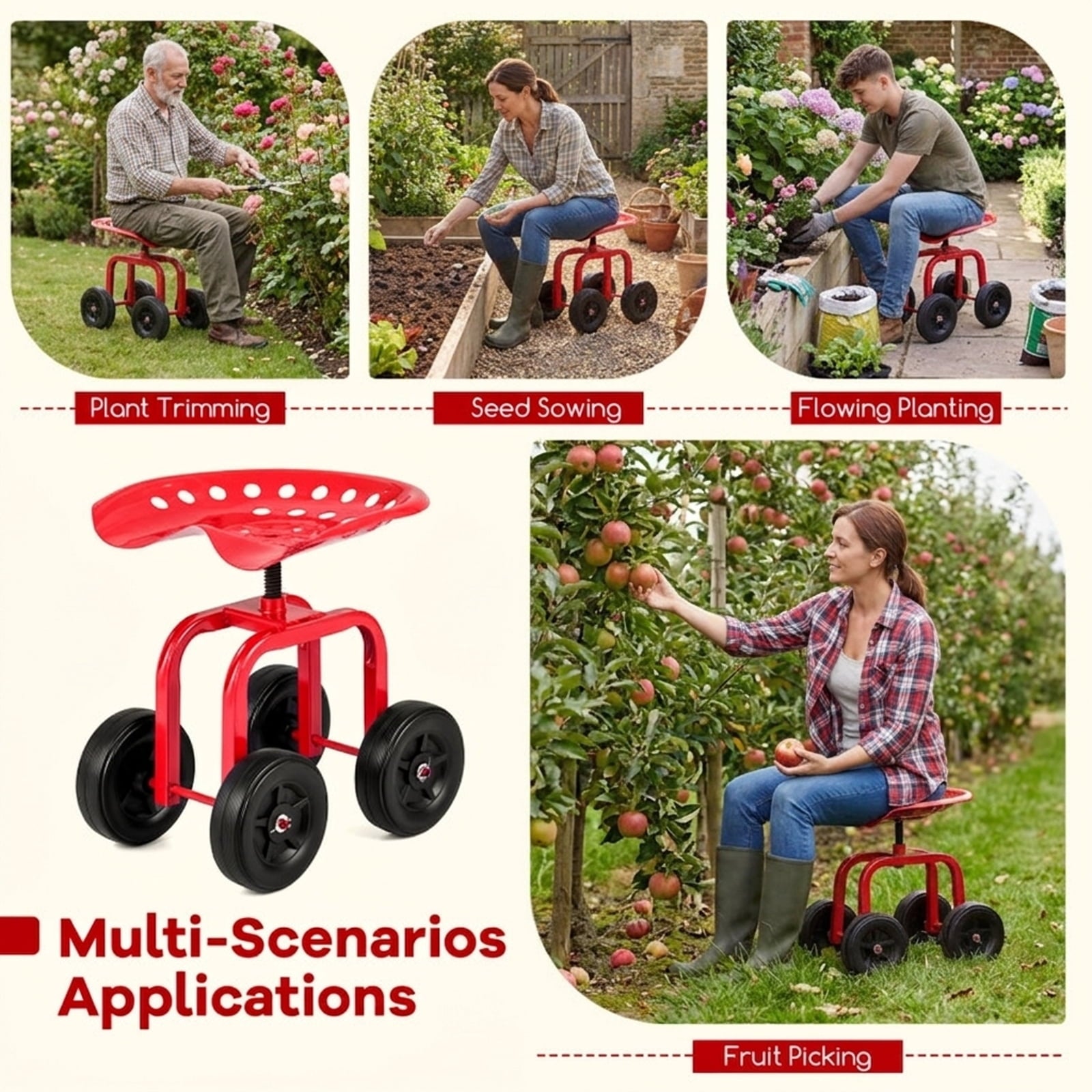 Biotree Garden Rolling Workseat with 360¡ã Swivel Seat and Adjustable Height for Garden Yard Lawn Work Outdoor, Red