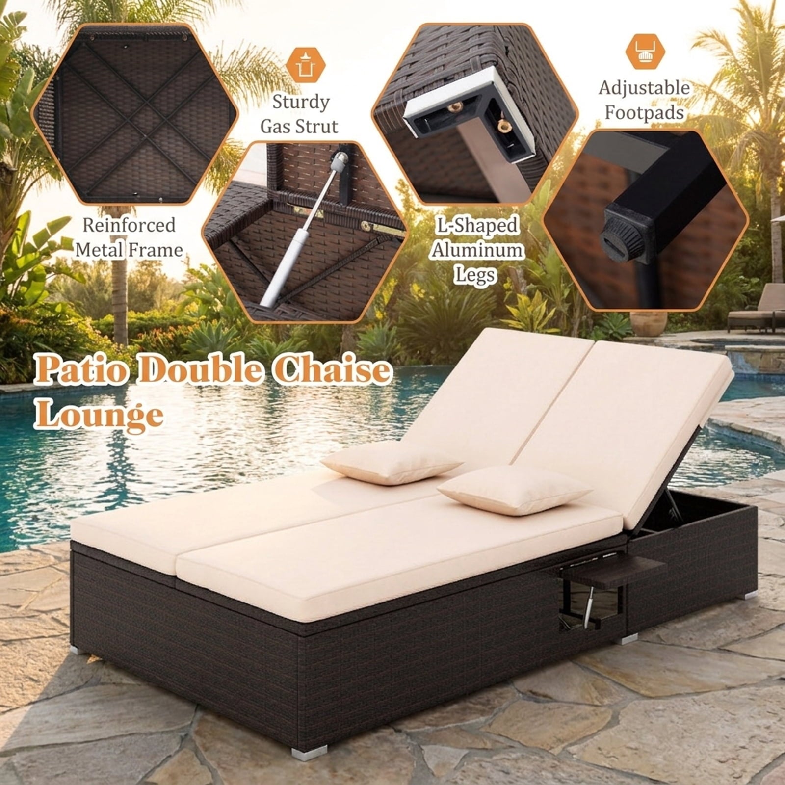 Biotree Patio Double Chaise Lounge with Cushions and Folding Side Trays Stackable Patio Chair for Garden BackyardBeige