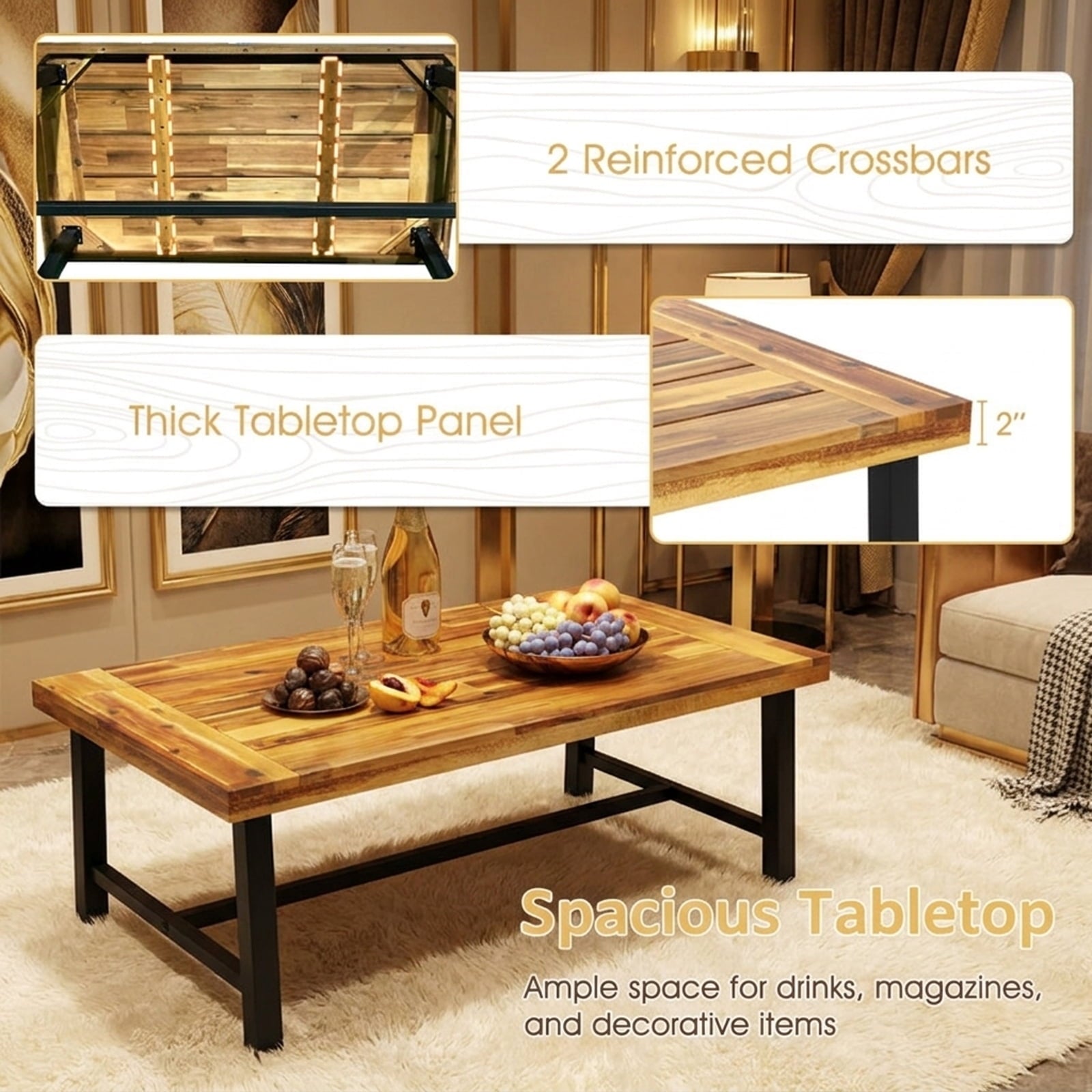 Biotree Acacia Wood Coffee Table with Thickened Top and Heavy-duty Metal Legs, Black
