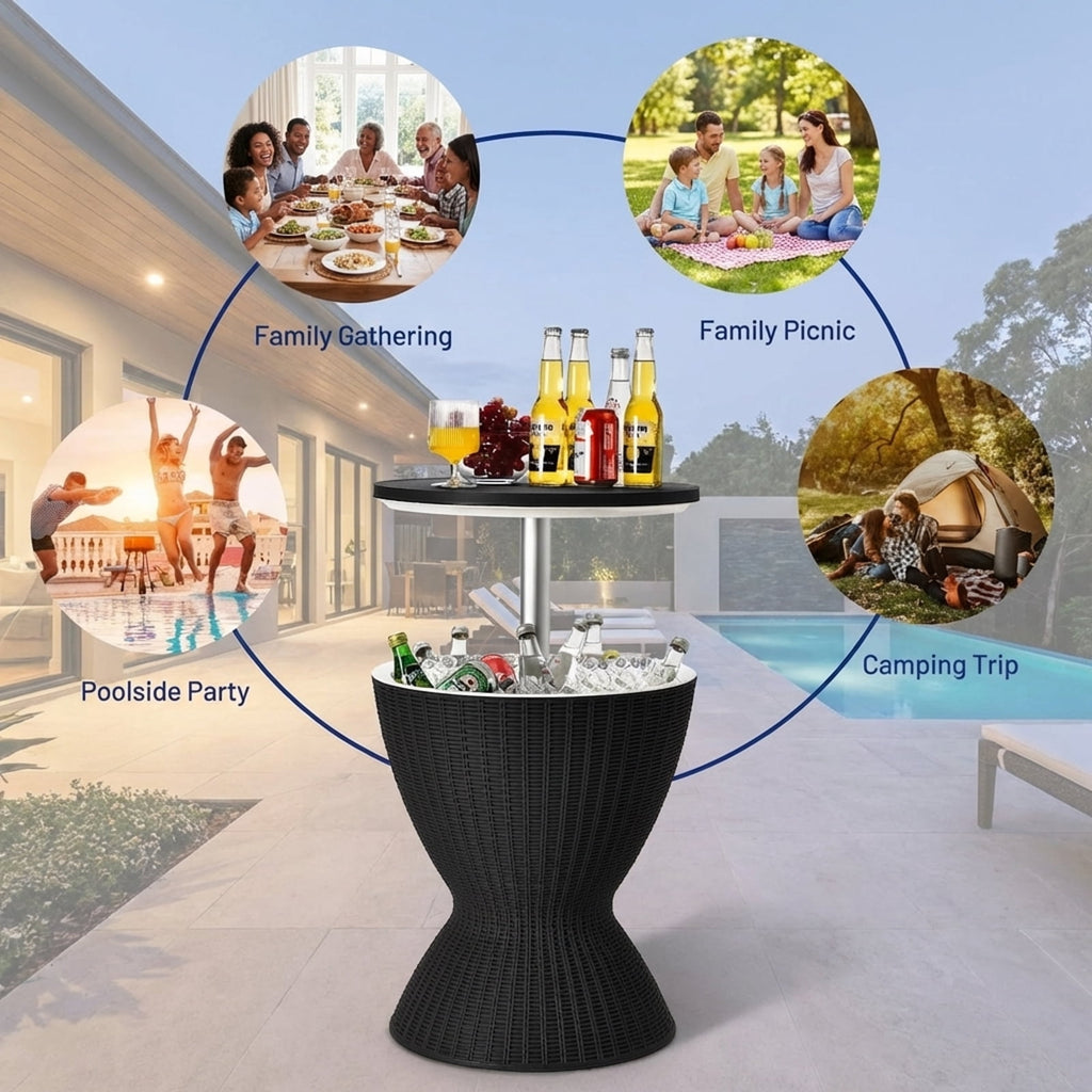 Biotree 3 in 1 8 Gallon Patio Rattan Cooler Bar Table with Adjust Ice Bucket-Black Outdoor Party Entertainment